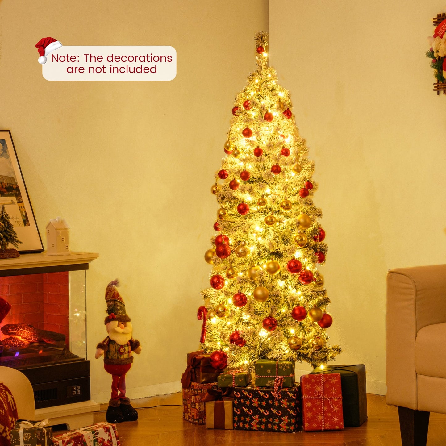 150 CM Pre-Lit Christmas Tree Hinged Slim Pencil Xmas Tree with 329 Snow Flocked PVC Branch Tips-1.5 M
