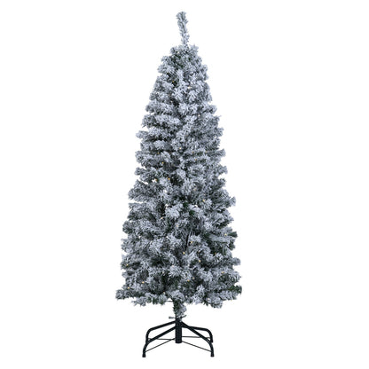 150 CM Pre-Lit Christmas Tree Hinged Slim Pencil Xmas Tree with 329 Snow Flocked PVC Branch Tips-1.5 M