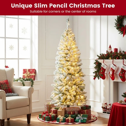 150 CM Pre-Lit Christmas Tree Hinged Slim Pencil Xmas Tree with 329 Snow Flocked PVC Branch Tips-1.5 M