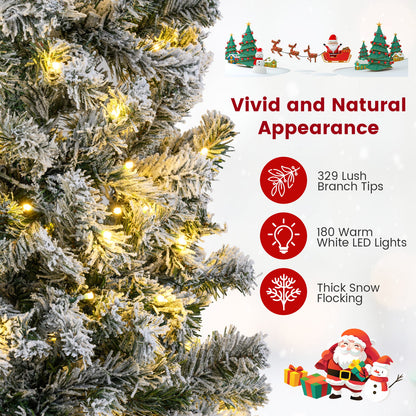 150 CM Pre-Lit Christmas Tree Hinged Slim Pencil Xmas Tree with 329 Snow Flocked PVC Branch Tips-1.5 M