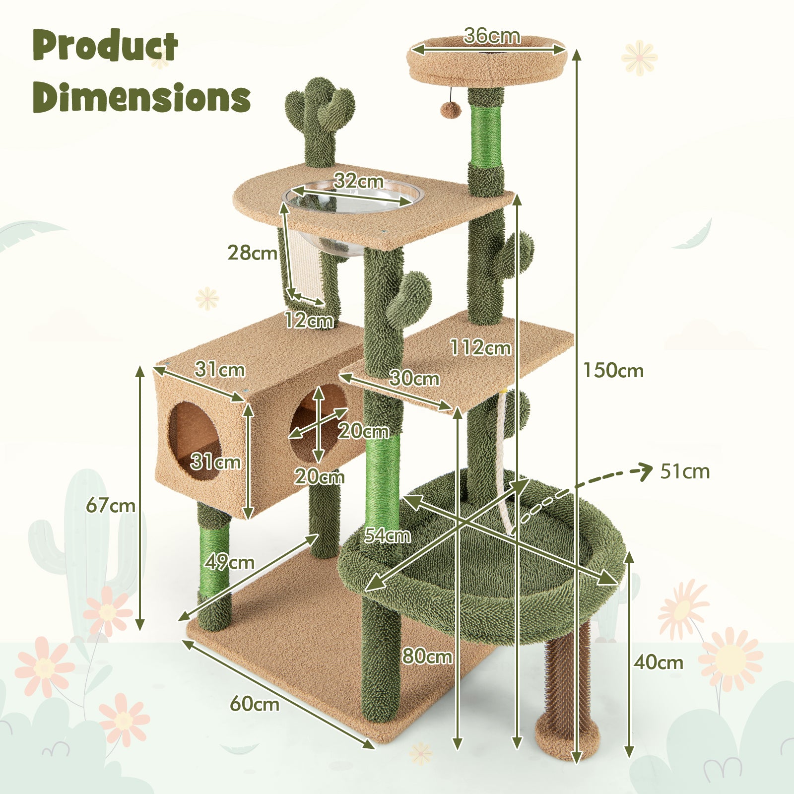 150 cm Multi-level Cactus Cat Tree for Indoor Cats-Green