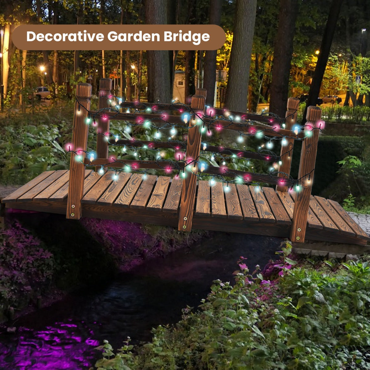 150 cm Wooden Garden Bridge with Double Safety Rails for Backyard Gravel Road-Brown