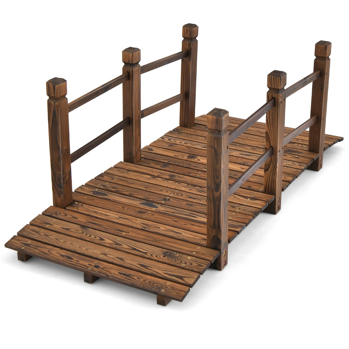 150 cm Wooden Garden Bridge with Double Safety Rails for Backyard Gravel Road-Brown