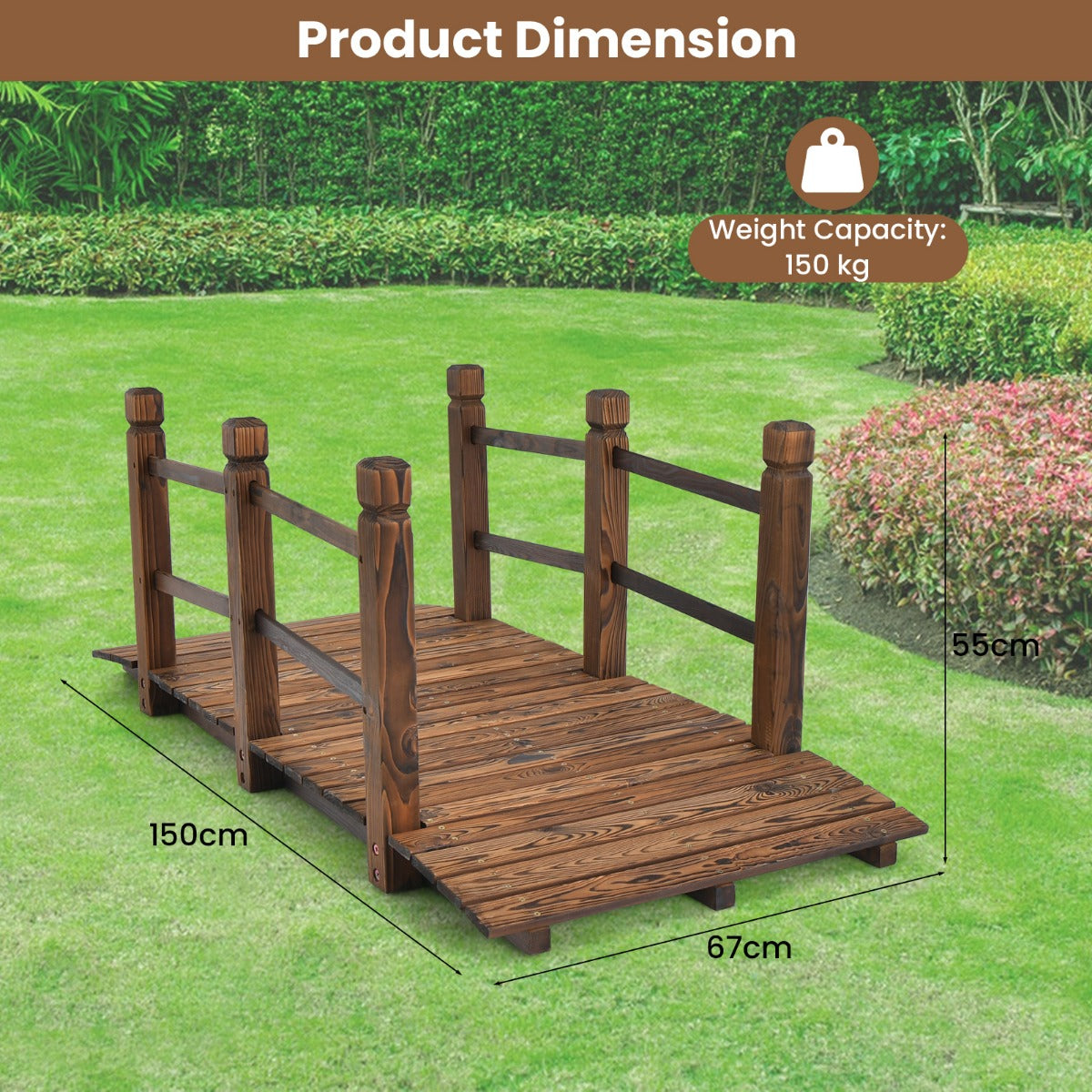 150 cm Wooden Garden Bridge with Double Safety Rails for Backyard Gravel Road-Brown