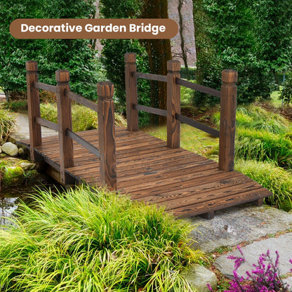 150 cm Wooden Garden Bridge with Double Safety Rails for Backyard Gravel Road-Brown