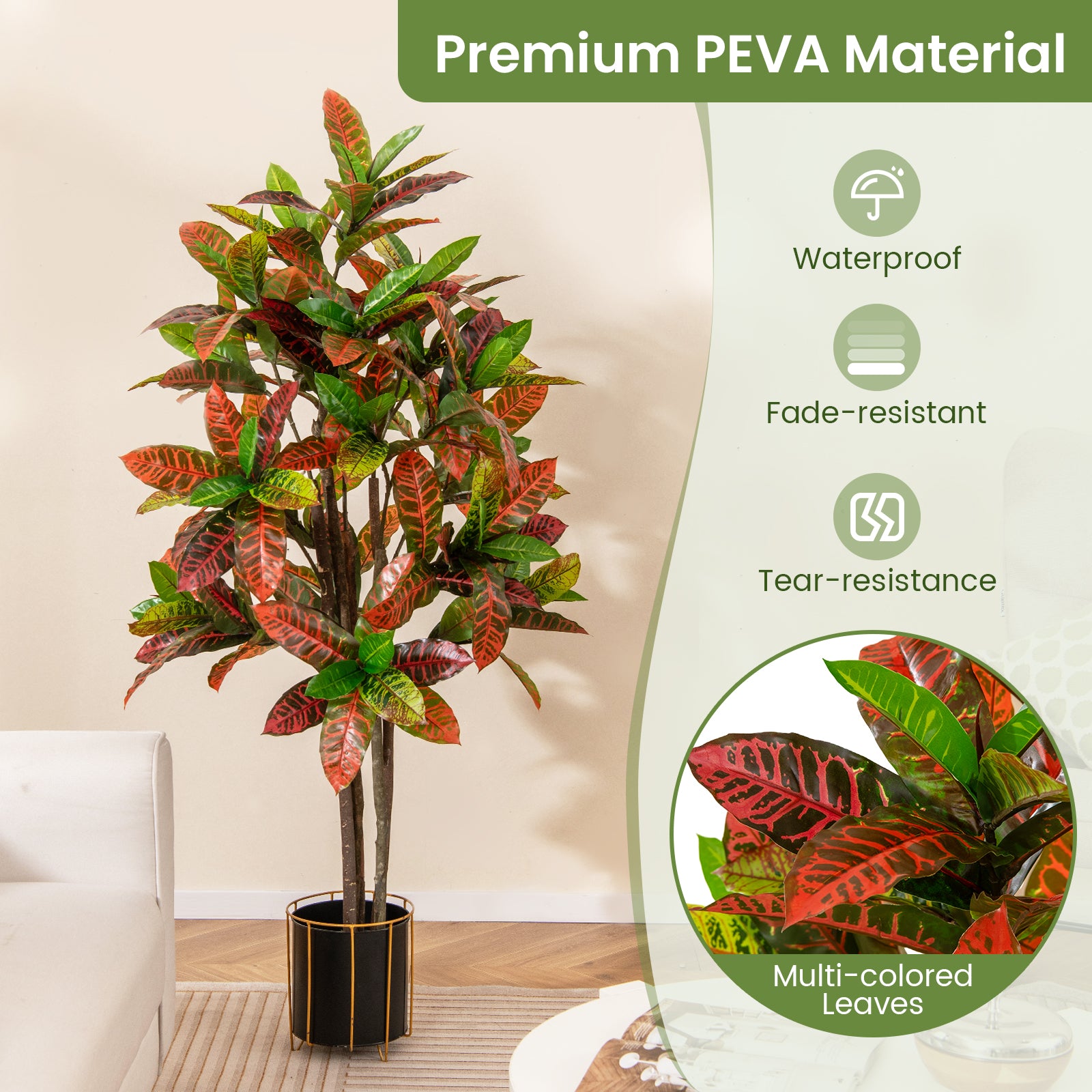 150cm Artificial Croton Plant with Multi-colored PEVA Leaves and Solid Wood Trunk