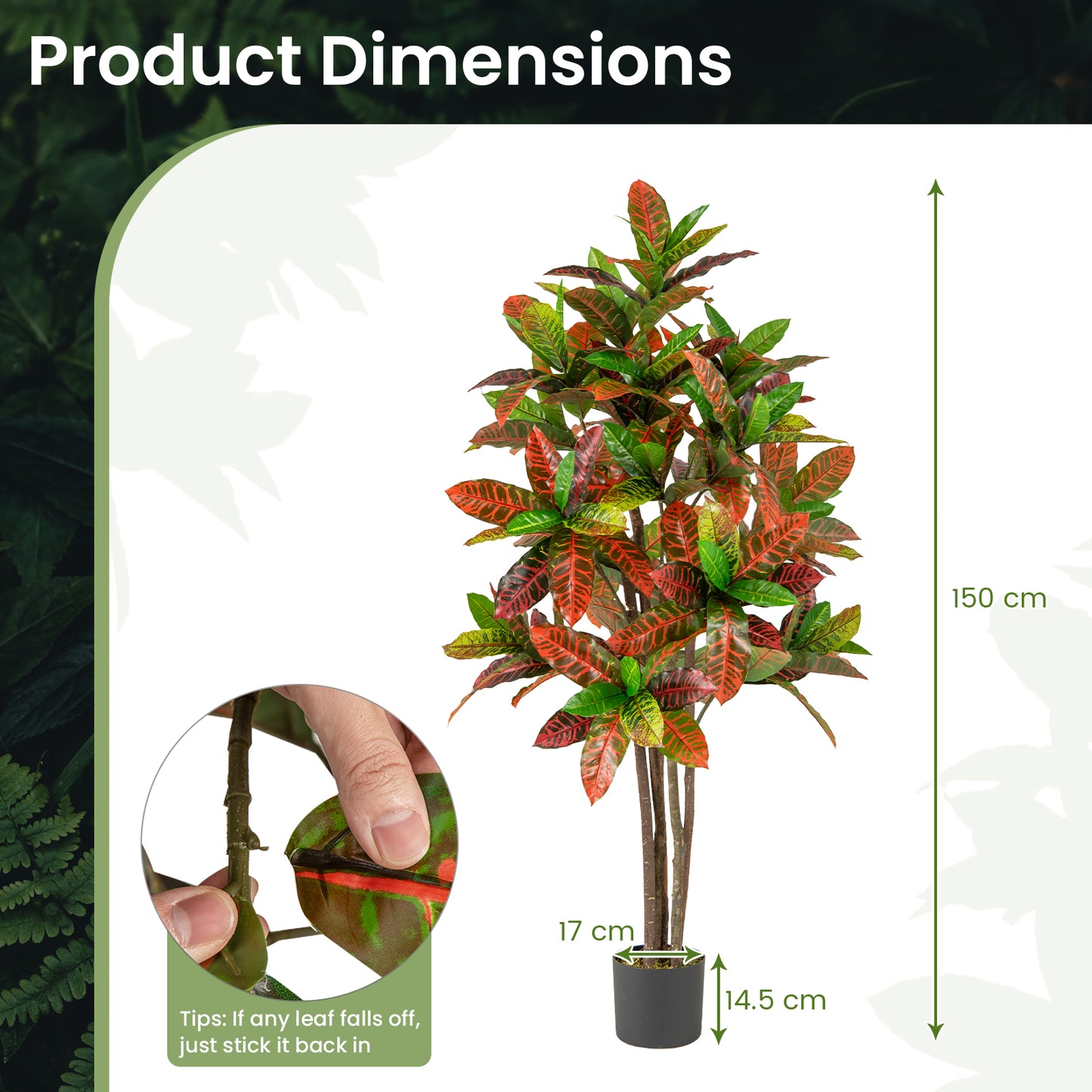150cm Artificial Croton Plant with Multi-colored PEVA Leaves and Solid Wood Trunk