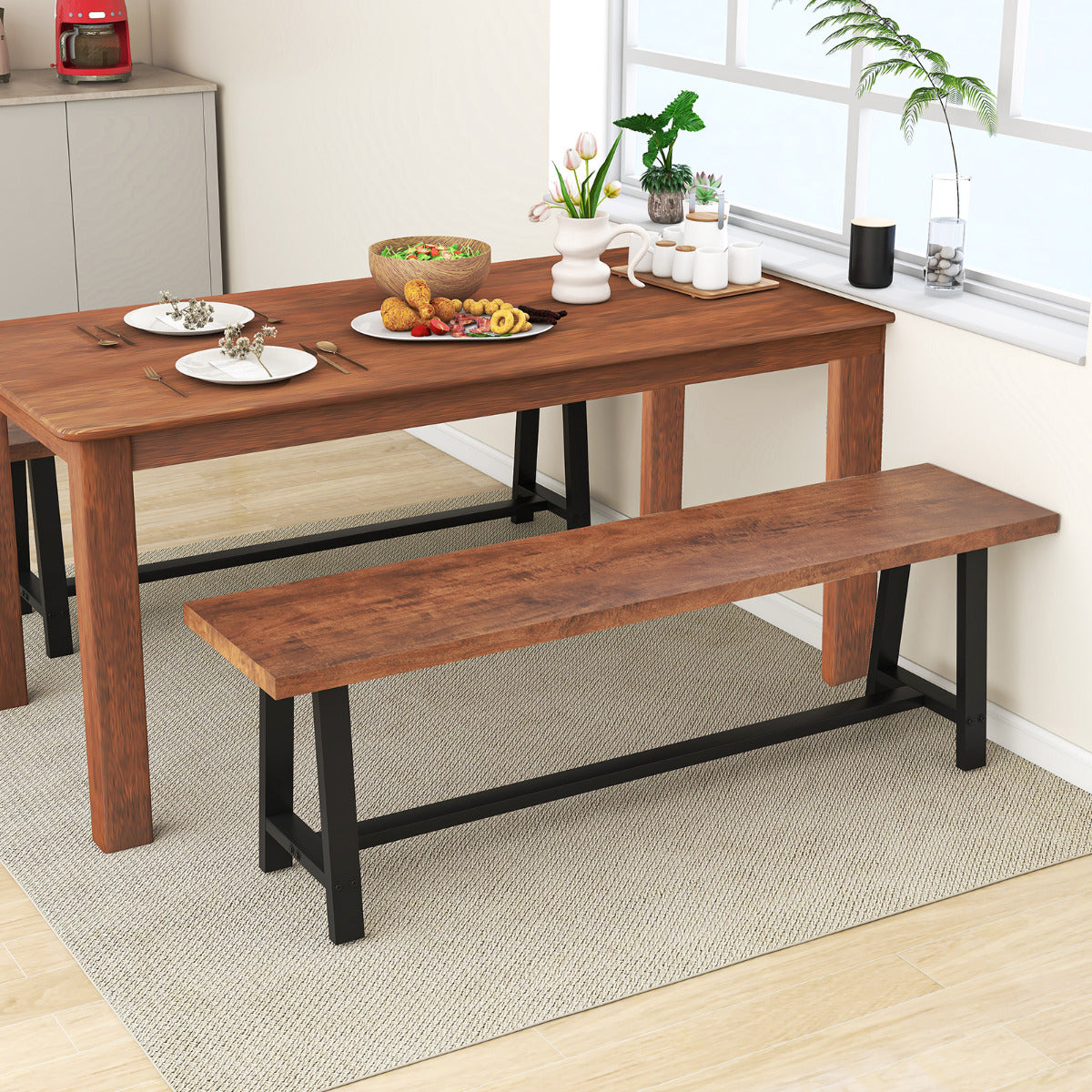 153CM Entryway Shoe Bench 3 Person with Metal Frame-Walnut