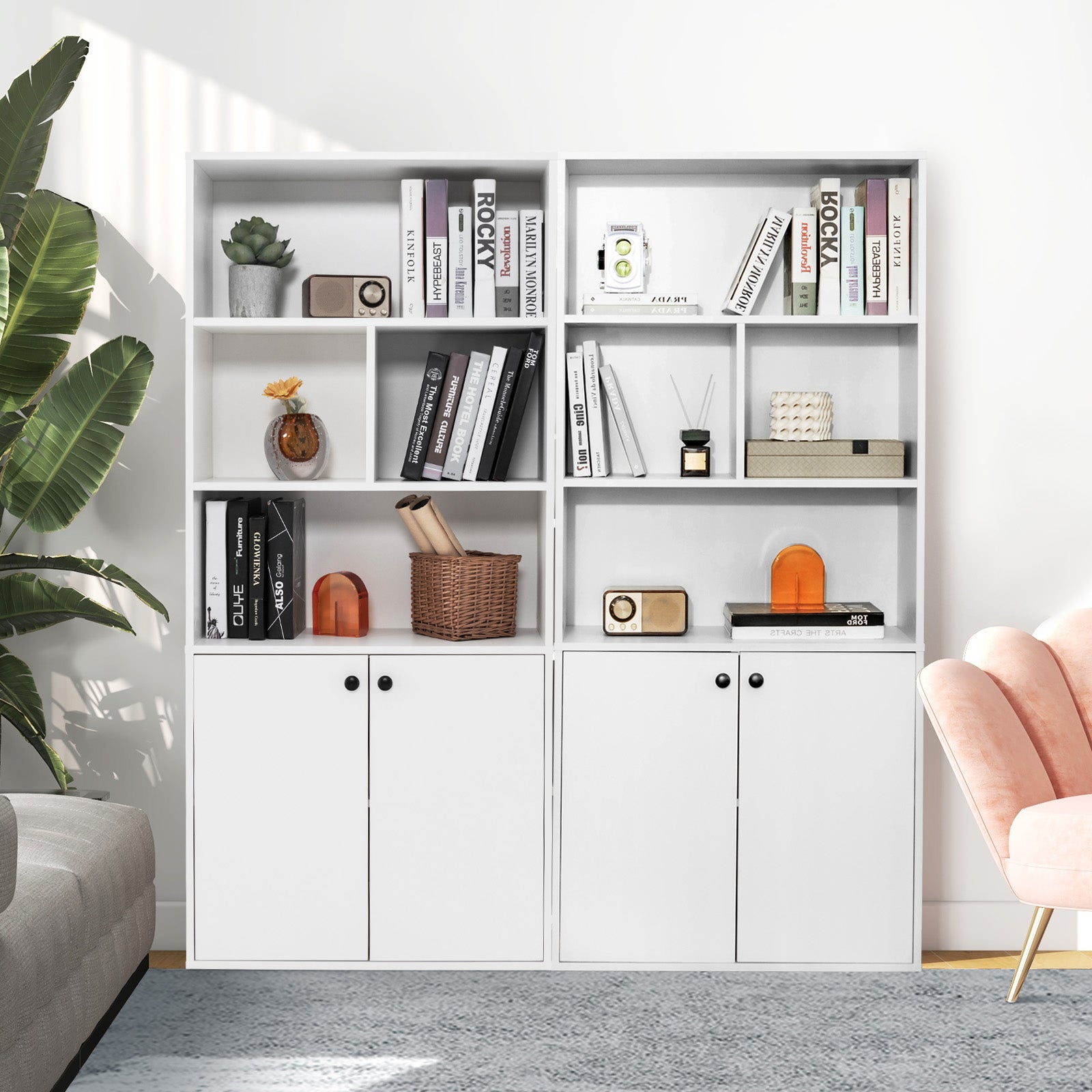 155 CM 5-Tier Bookcase Tall Bookshelf with Double Doors and Open Cubes-White