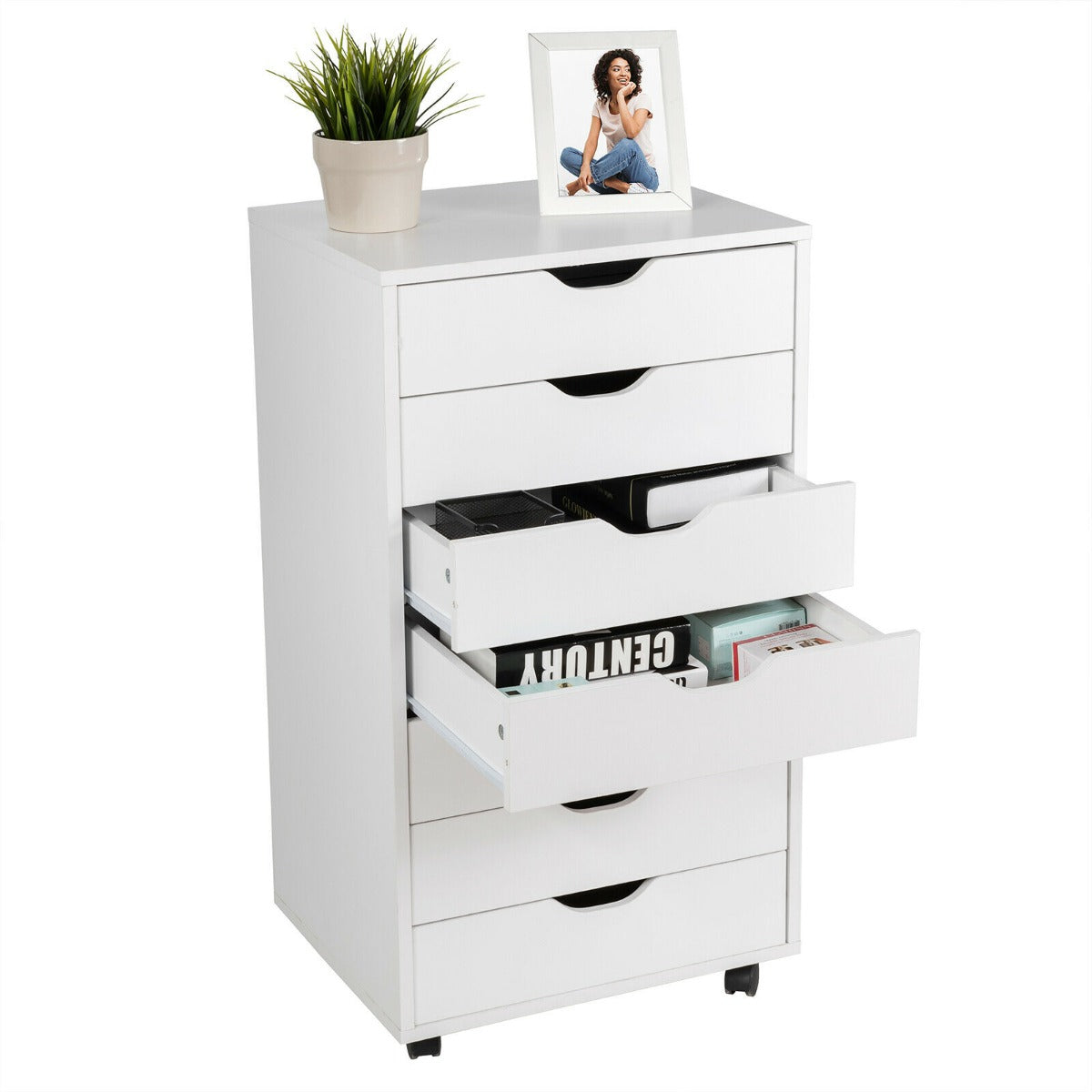 Mobile File Cabinet with 7 Drawer and wheels-White