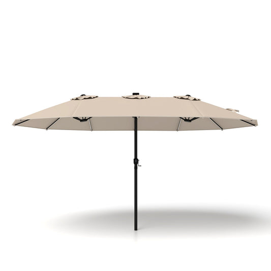 15ft Double-Sided Patio Umbrella with 144 Solar LED Lights Crank Handle No Base-Beige
