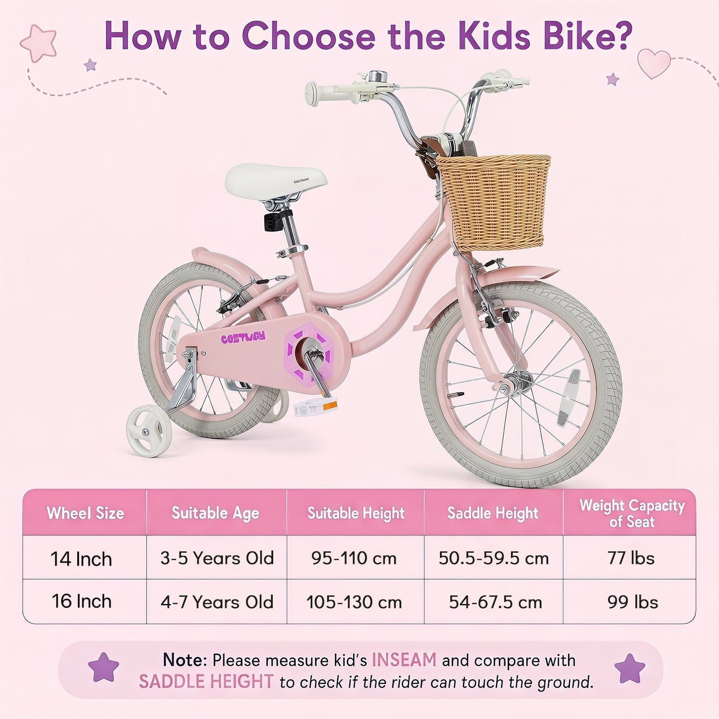 16 Inch Girls Bike with Woven Basket for 4-7 Years Cottage Series Sakura Pink