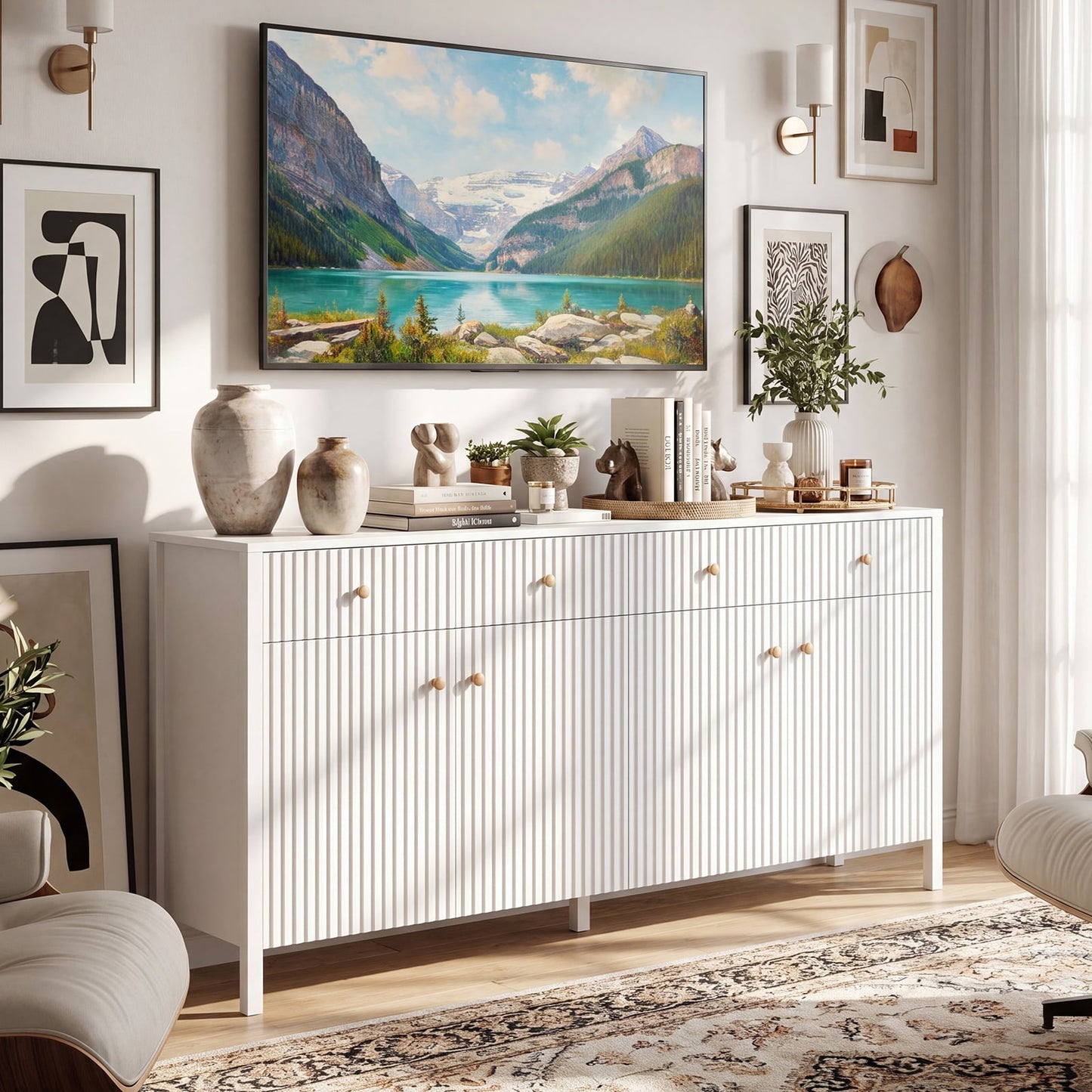160 cm Sideboard Buffet Cabinet Fluted Large 4-Door Storage Organizer with 4 Drawers-White