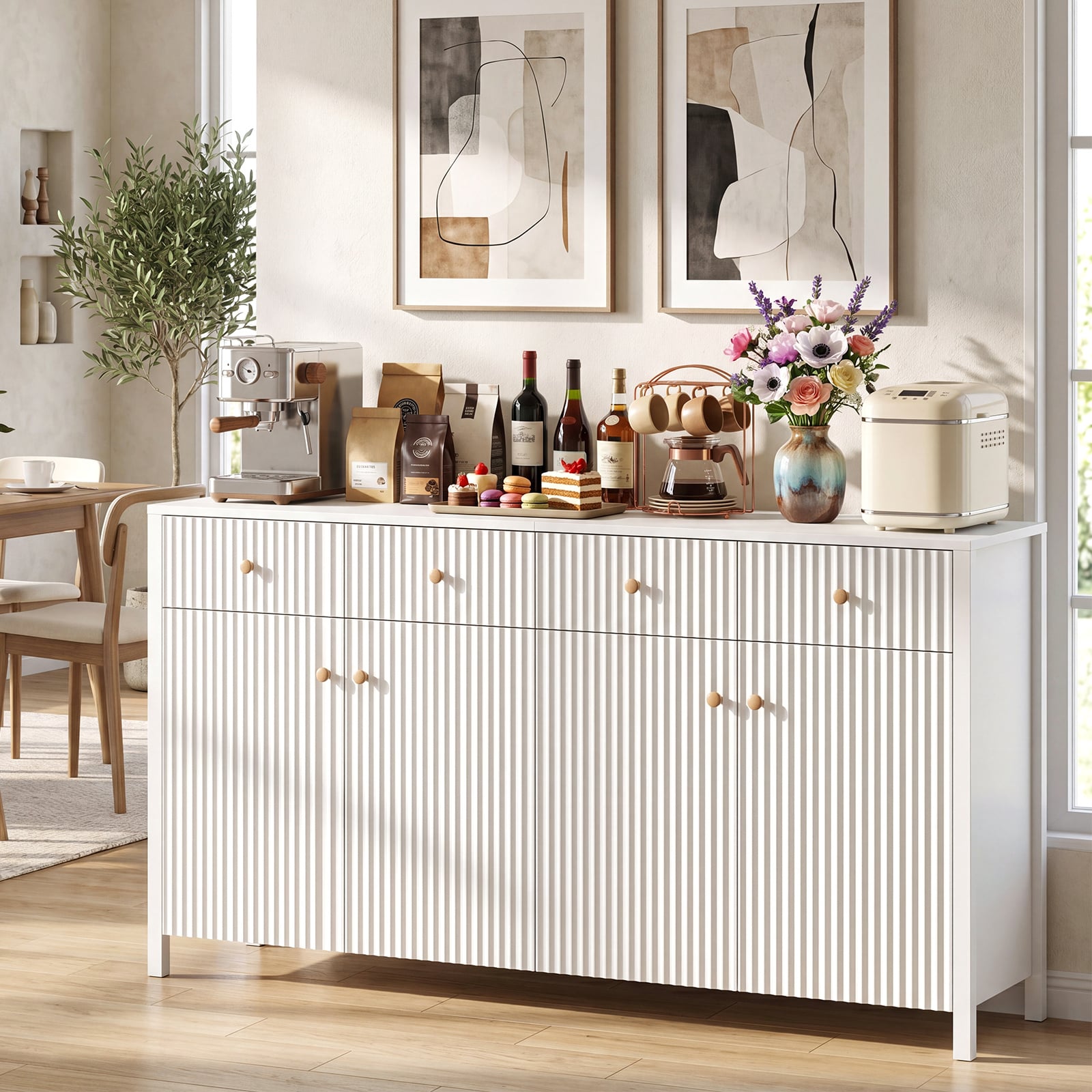 160 cm Sideboard Buffet Cabinet Fluted Large 4-Door Storage Organizer with 4 Drawers-White