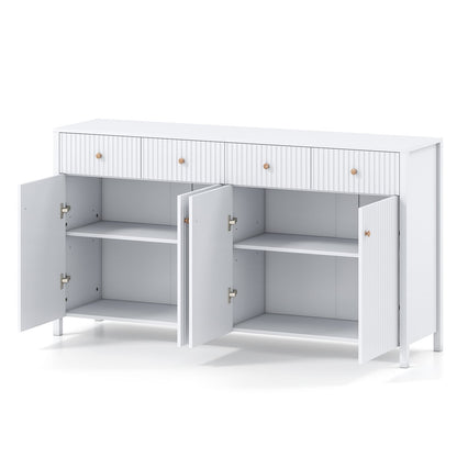 160 cm Sideboard Buffet Cabinet Fluted Large 4-Door Storage Organizer with 4 Drawers-White
