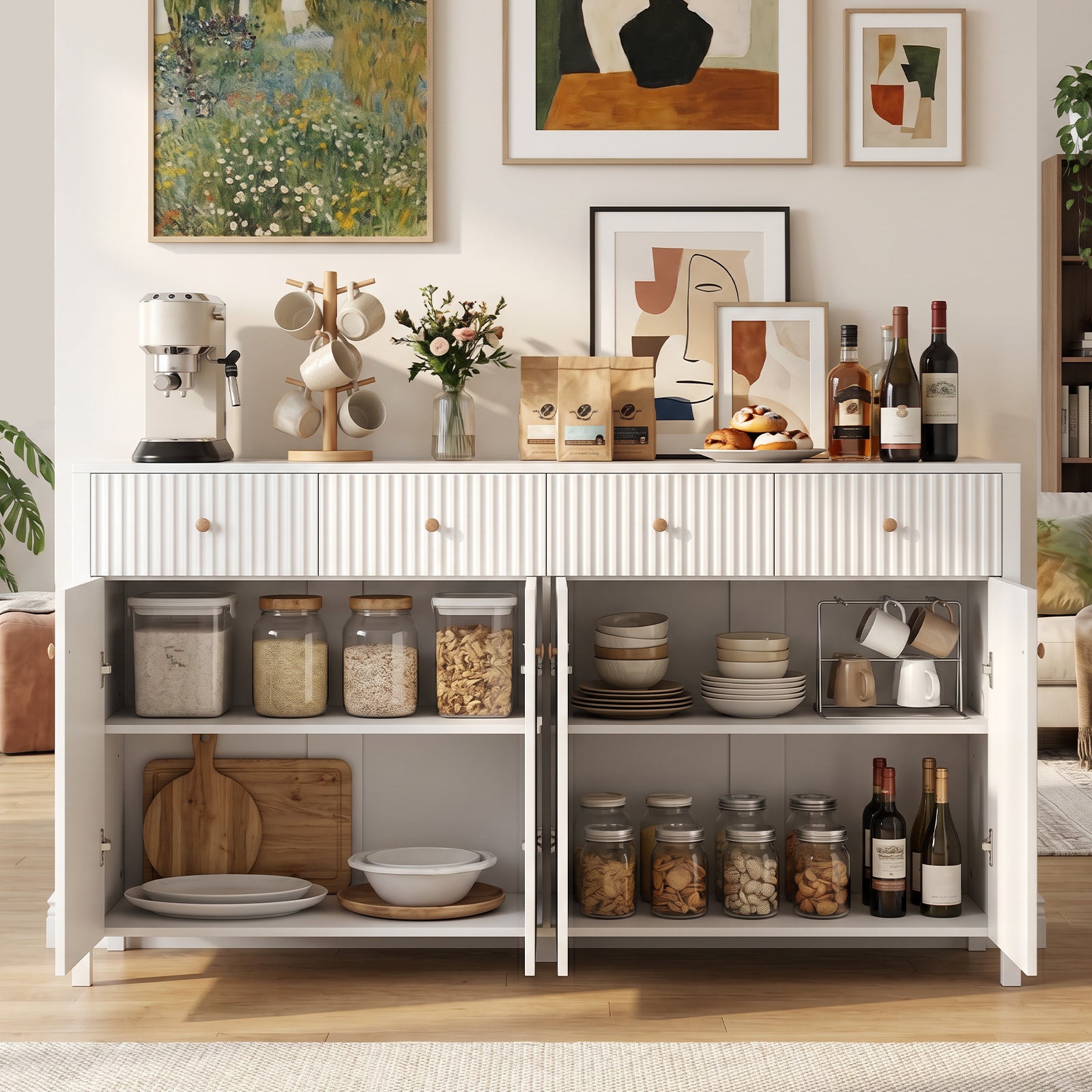 160 cm Sideboard Buffet Cabinet Fluted Large 4-Door Storage Organizer with 4 Drawers-White