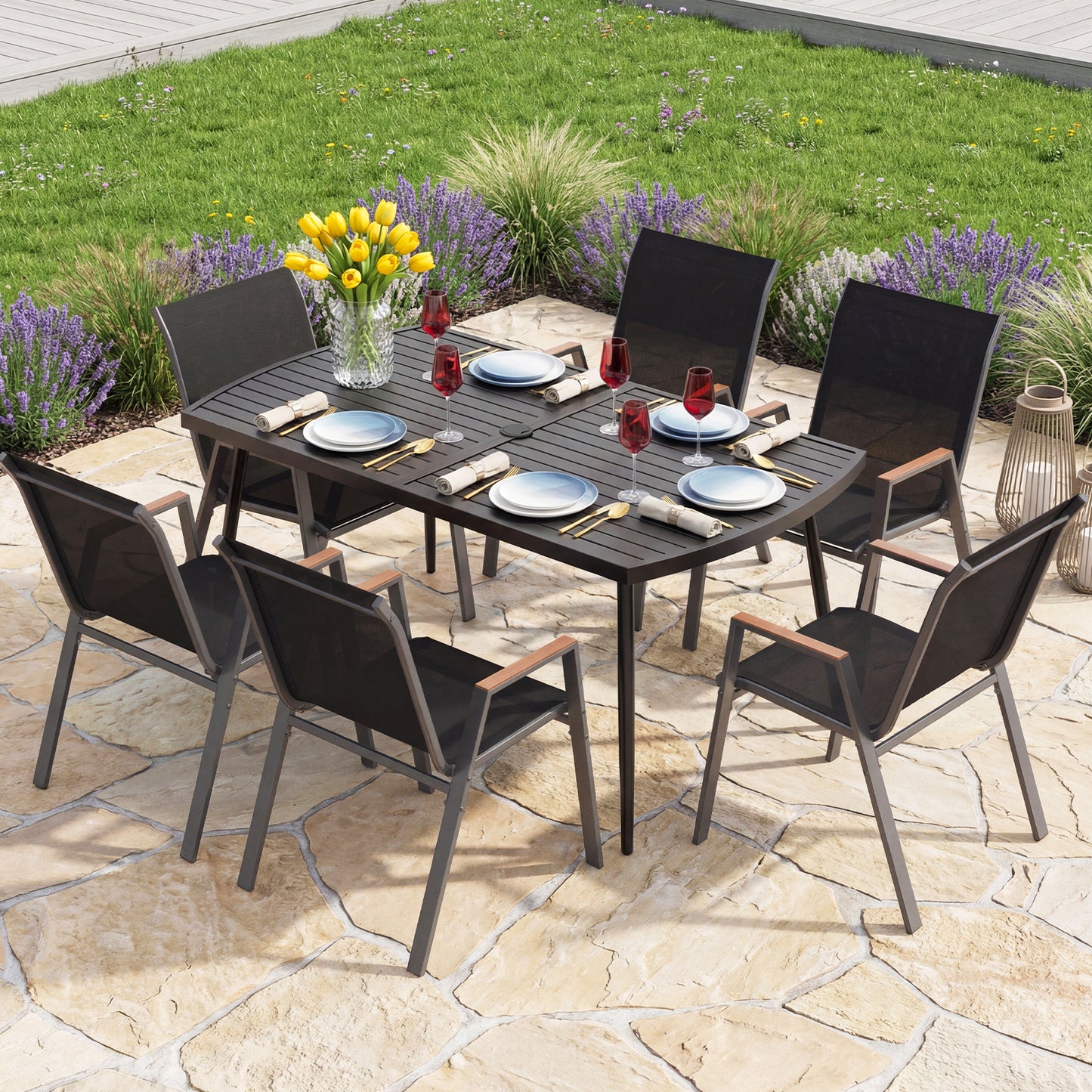 160 x 90 cm Patio Dining Table Rectangle Metal Slat Table with 4 cm Umbrella Hole-Black