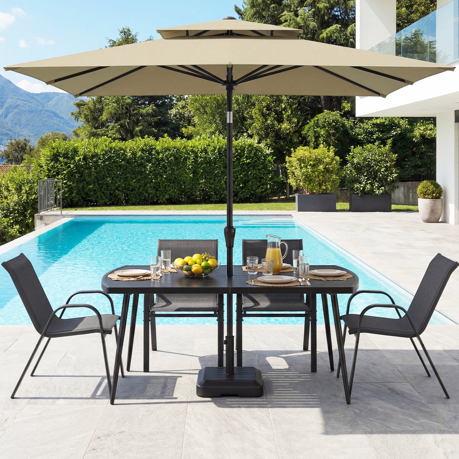 160 x 90 cm Patio Dining Table Rectangle Metal Slat Table with 4 cm Umbrella Hole-Black
