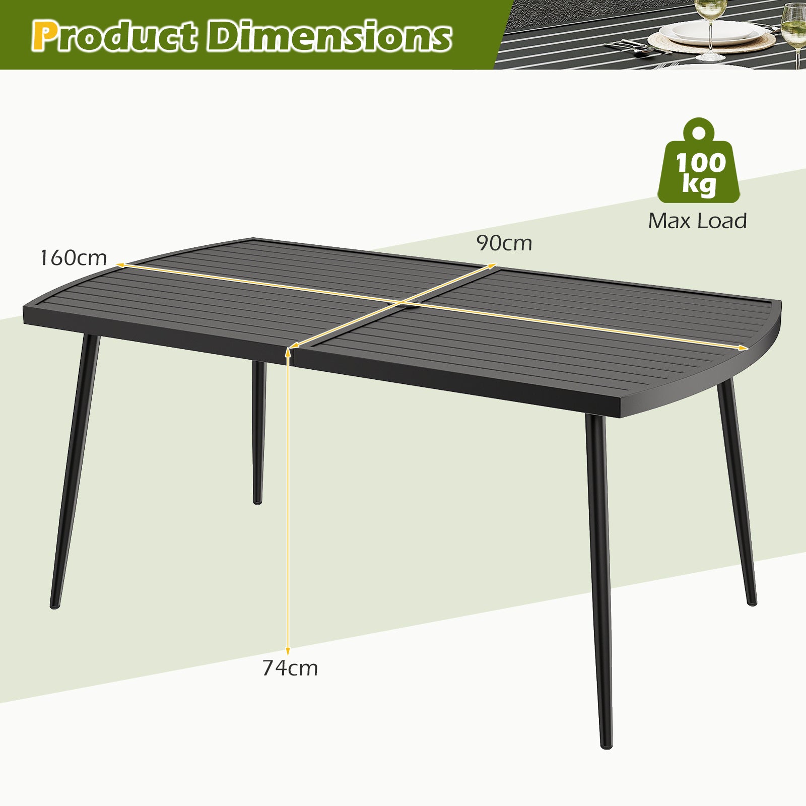 160 x 90 cm Patio Dining Table Rectangle Metal Slat Table with 4 cm Umbrella Hole-Black