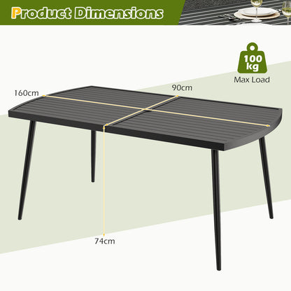 160 x 90 cm Patio Dining Table Rectangle Metal Slat Table with 4 cm Umbrella Hole-Black