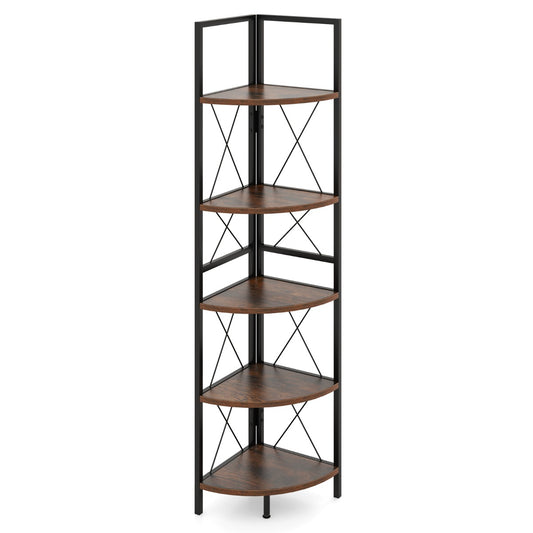 160 CM 5 tier Corner Bookshelf with Metal Frame X-shaped Brackets-Rustic Brown