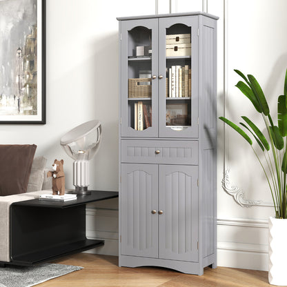 160cm Freestanding Linen Tall Bathroom Storage Cabinet with 2 Glass Doors-Grey