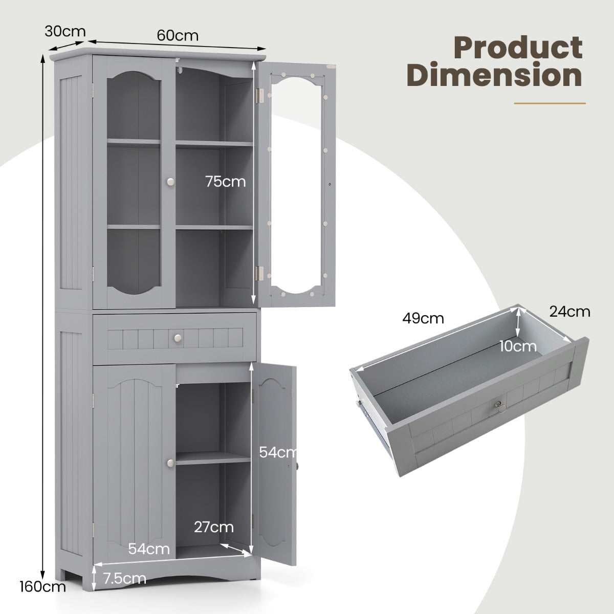 160cm Freestanding Linen Tall Bathroom Storage Cabinet with 2 Glass Doors-Grey