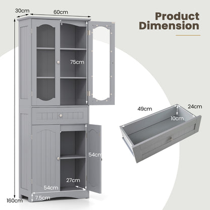 160cm Freestanding Linen Tall Bathroom Storage Cabinet with 2 Glass Doors-Grey
