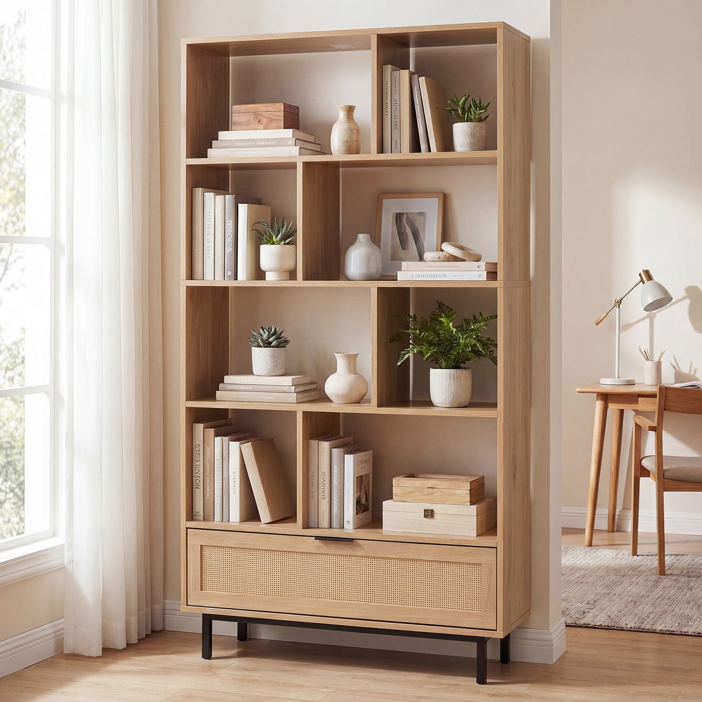 162 cm Tall Wooden Bookcase 6-Tier with 8 Open Cubes Rattan Drawer-Natural