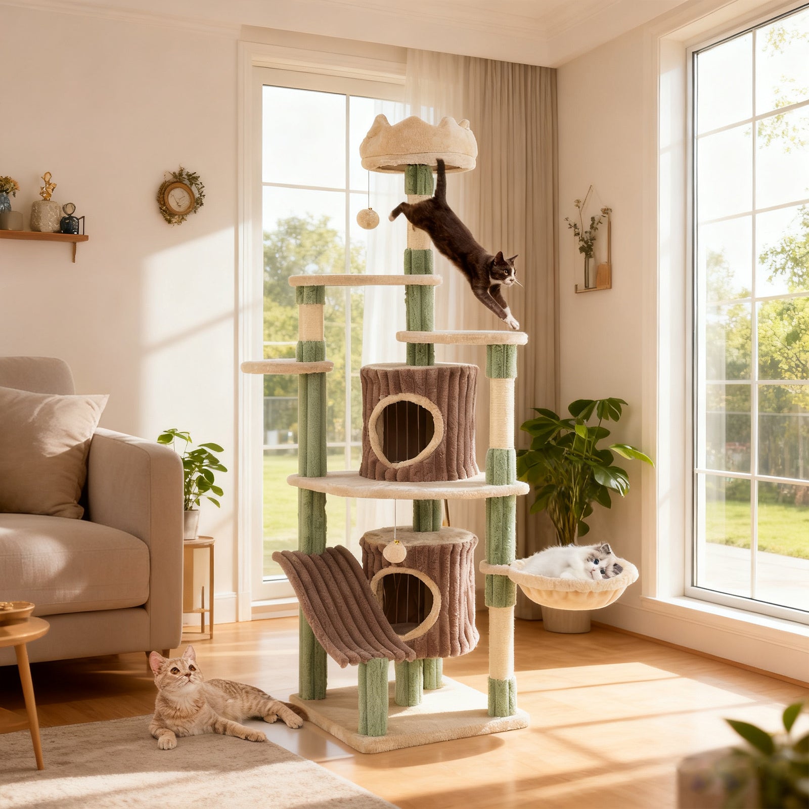 163 cm Tall Kitty Tower with 2 Condos and Plush Perch-Green