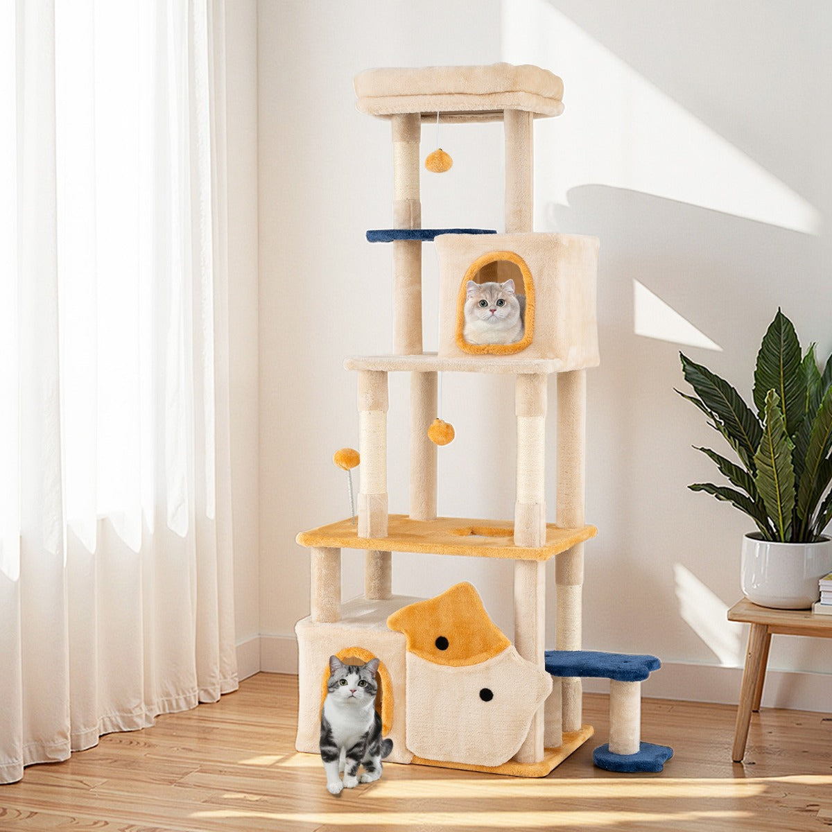 163 cm Large Kitty Tower with 2 Condos and Removable Plush Perch-Yellow