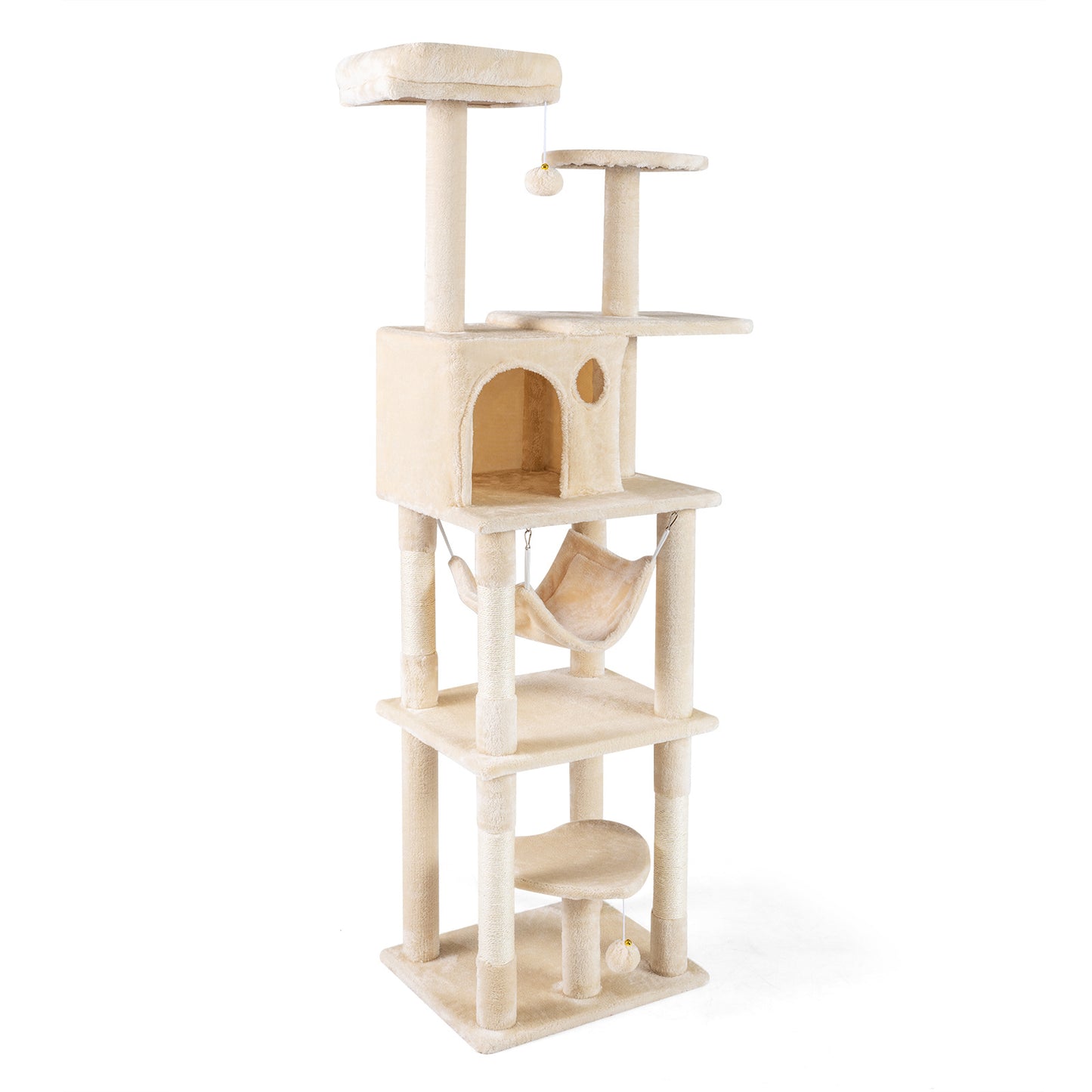 168 cm Tall Multi-Level Cat Tree with 2 Perches and Hammock-Beige