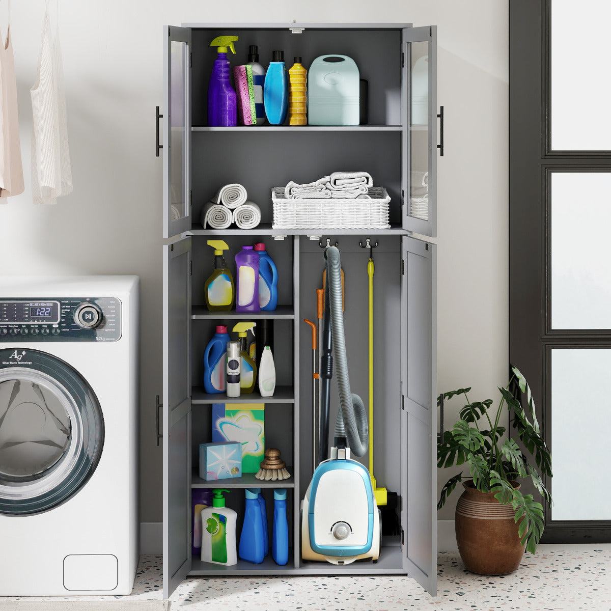 168CM Tall Freestanding Cleaning Tool Cabinet with Doors and Shelves-Grey