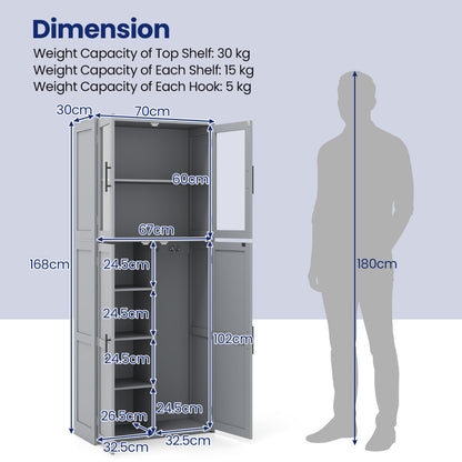 168CM Tall Freestanding Cleaning Tool Cabinet with Doors and Shelves-Grey