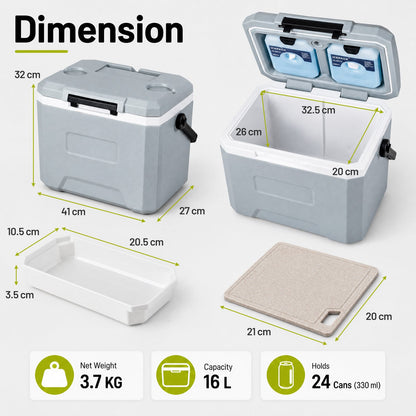 16L Portable Cooler with Phone & Bottle Holders and Divider for Camping Fishing-Grey