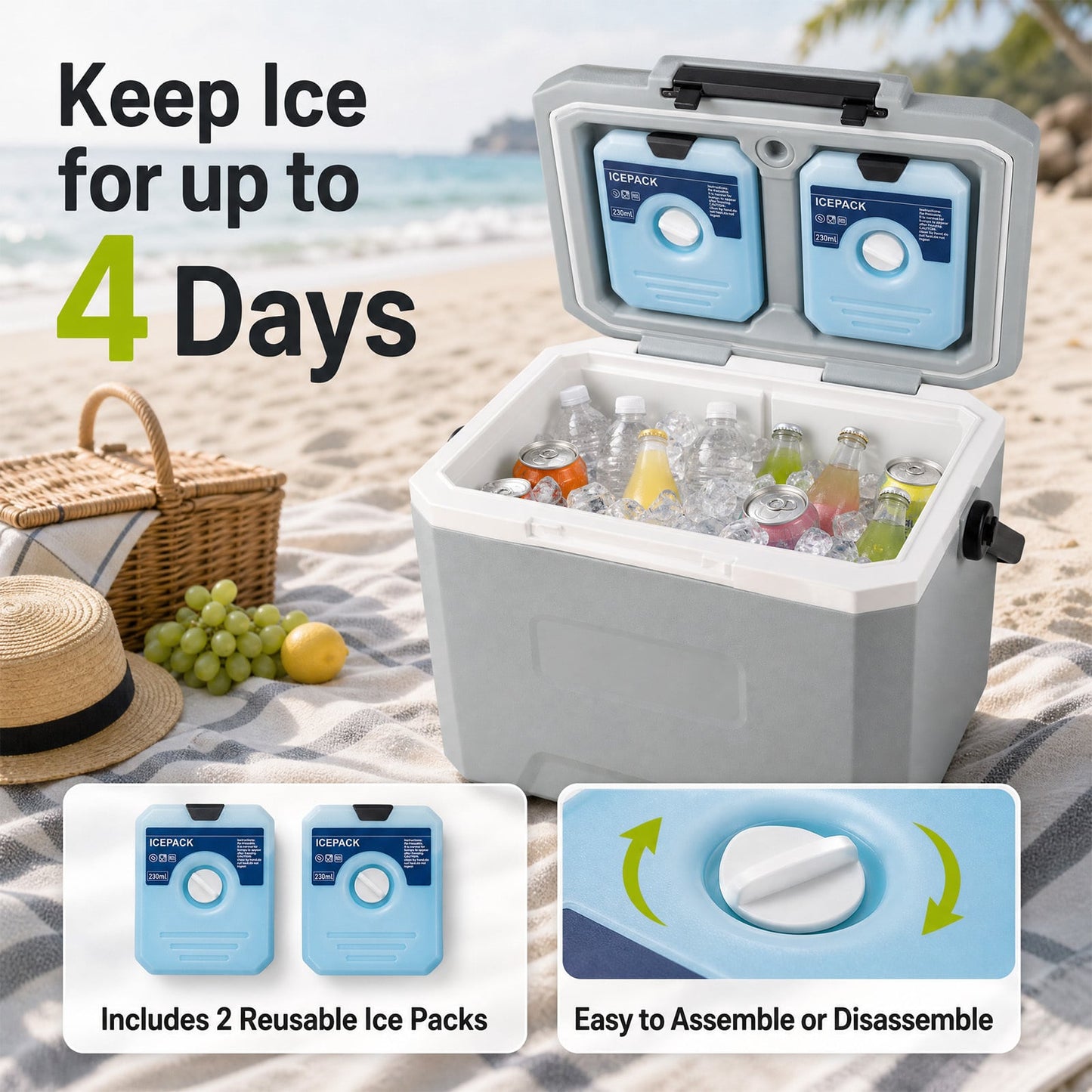 16L Portable Cooler with Phone & Bottle Holders and Divider for Camping Fishing-Grey