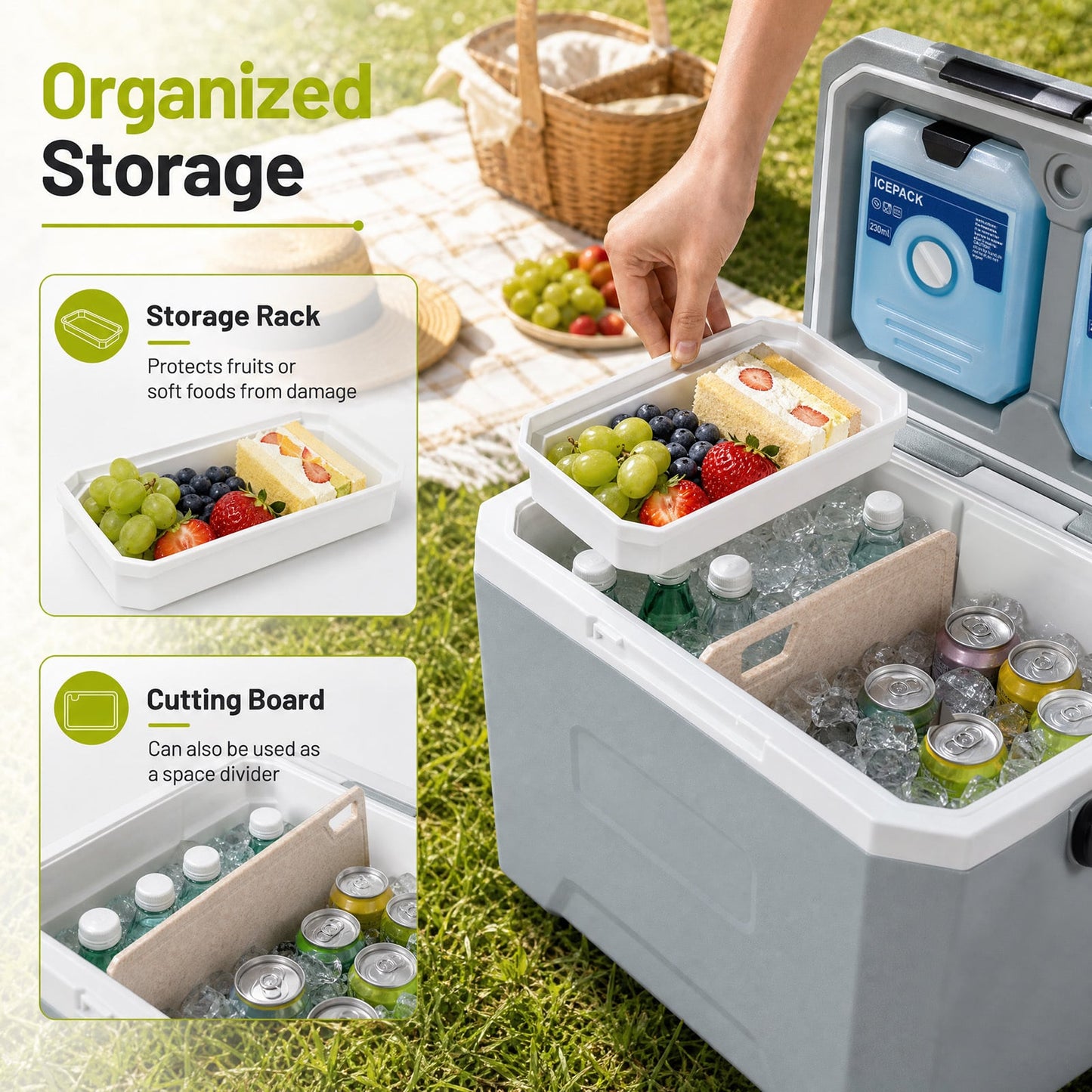 16L Portable Cooler with Phone & Bottle Holders and Divider for Camping Fishing-Grey