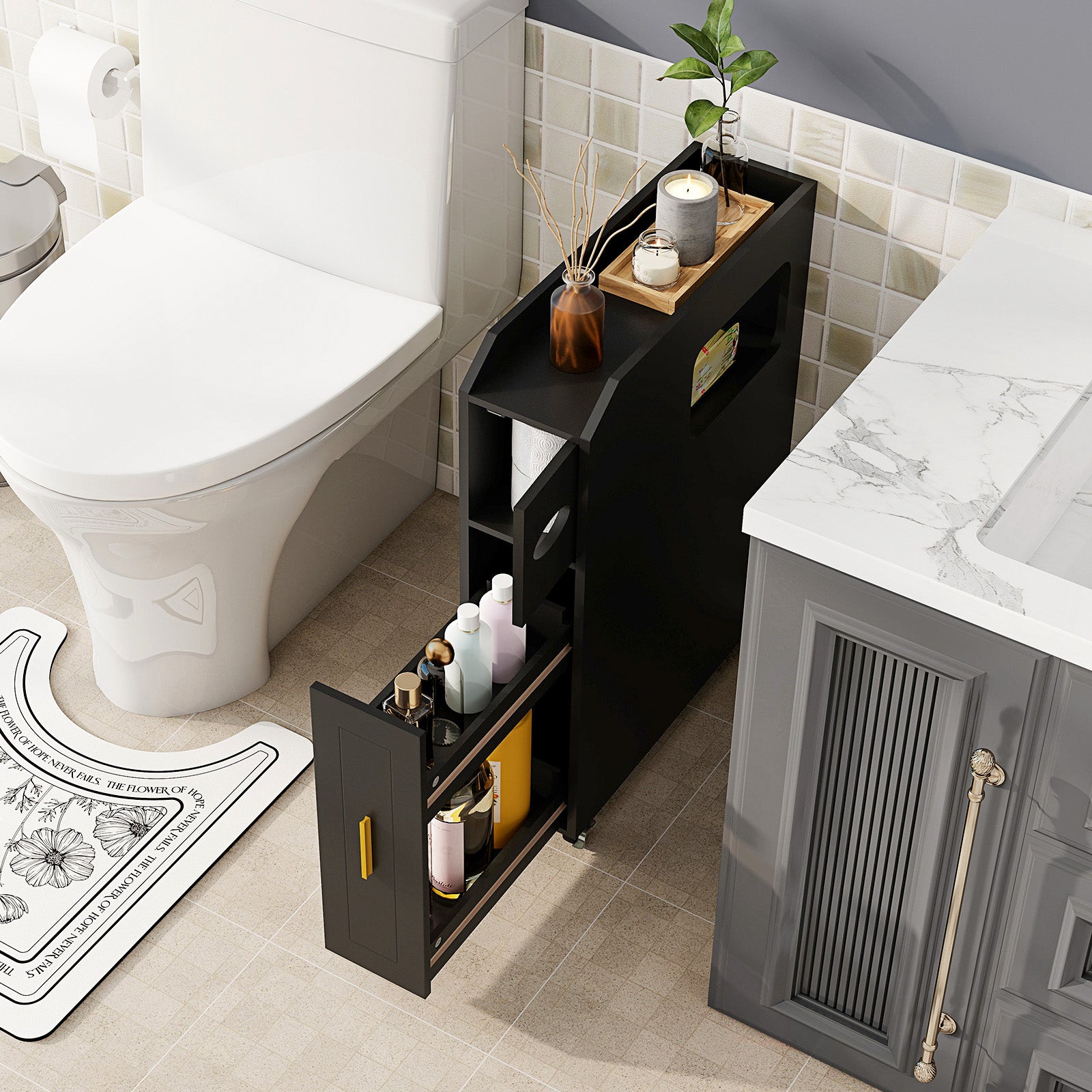 16 CM Small Bathroom Storage Cabinet with Slide Out Drawer-Black