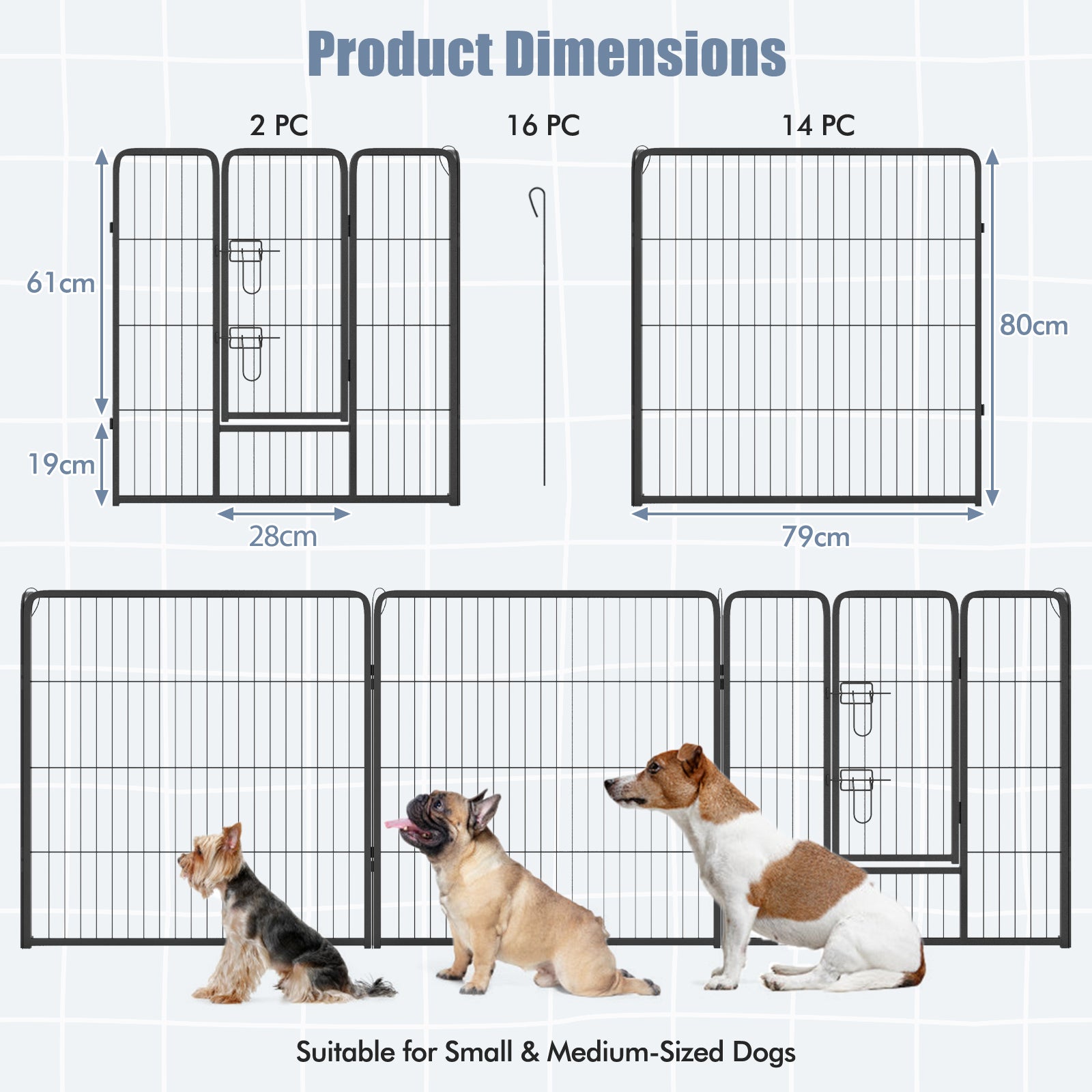 16 Panel 80cm Height Pen Fence with Lock and Large Door-Black