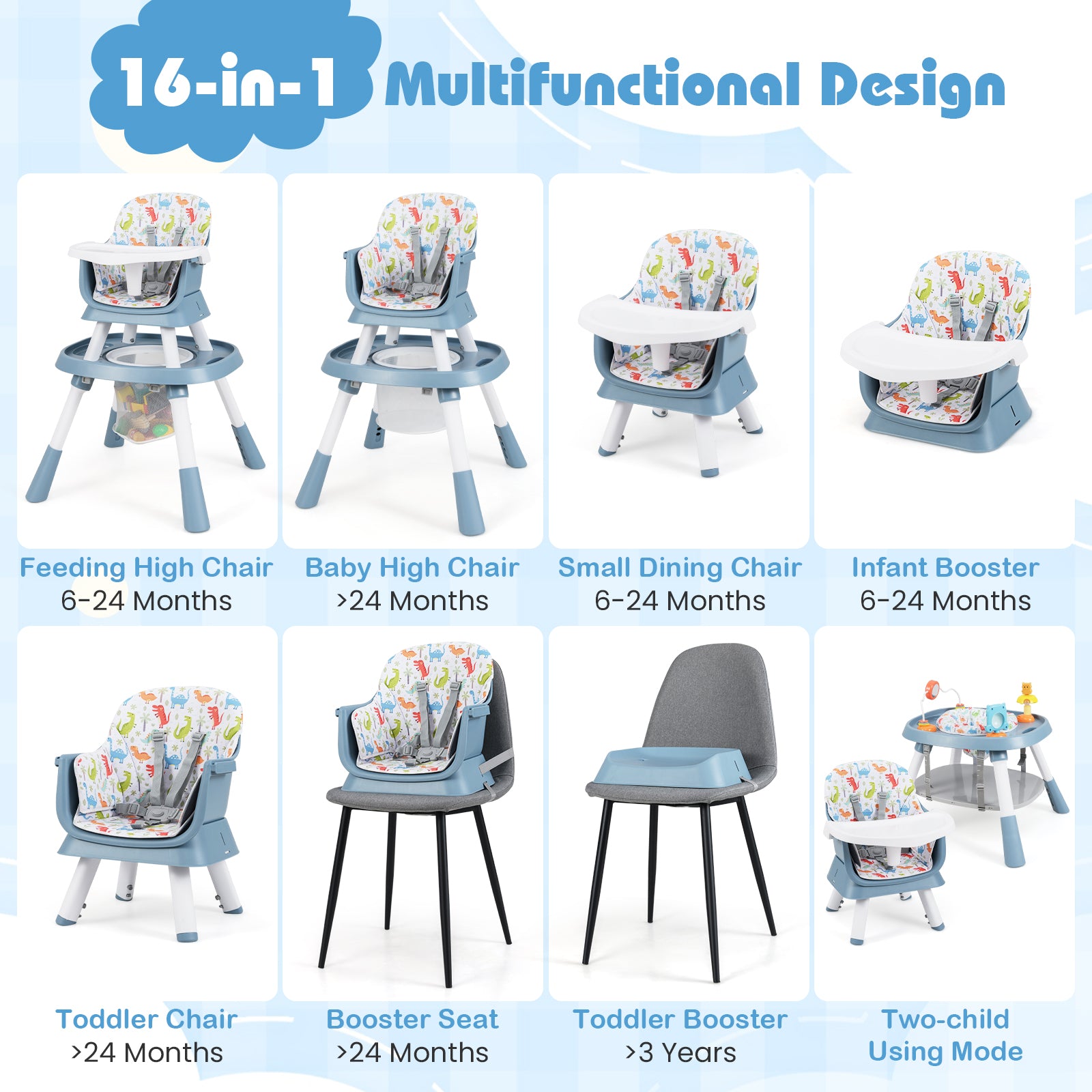 16-in-1 Convertible Baby High Chair with Removable Tray and 5-Point Harness-Blue