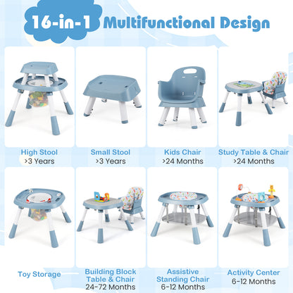 16-in-1 Convertible Baby High Chair with Removable Tray and 5-Point Harness-Blue