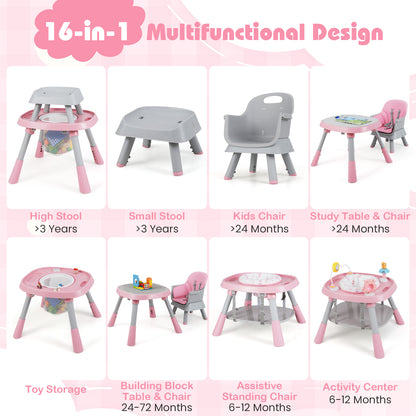 16-in-1 Convertible Baby High Chair with Removable Tray and 5-Point Harness-Pink