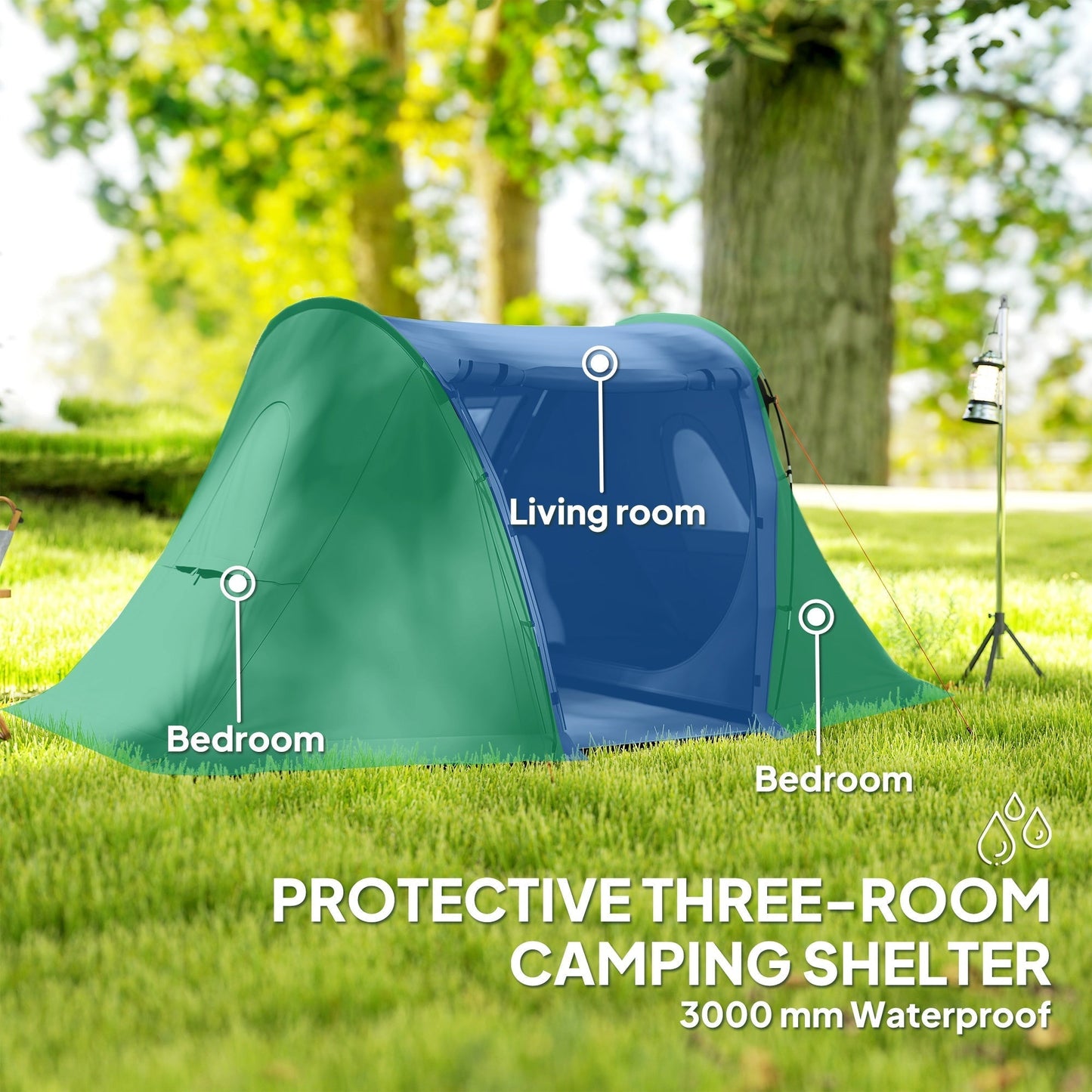Outsunny 3 Man Camping Tent with Living Area and 2 Bedrooms, 3000mm Waterproof Family Tent with Sewn-in Groundsheet, Portable Dome Tent with Bag for Hiking, Festival, Backpacking, Drak Grey