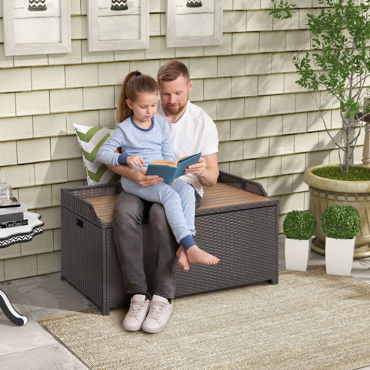 170L Outdoor Storage Bench Mix Brown Rattan Storage Container