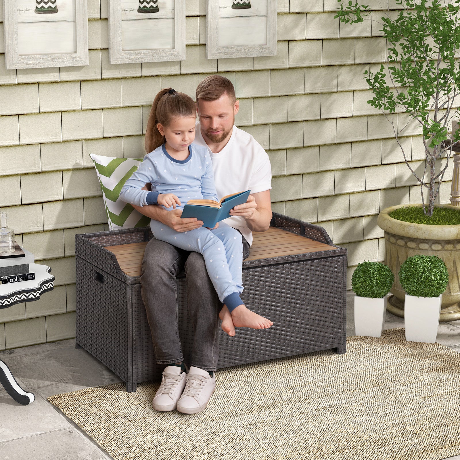 170L Outdoor Storage Bench Mix Brown Rattan Storage Container