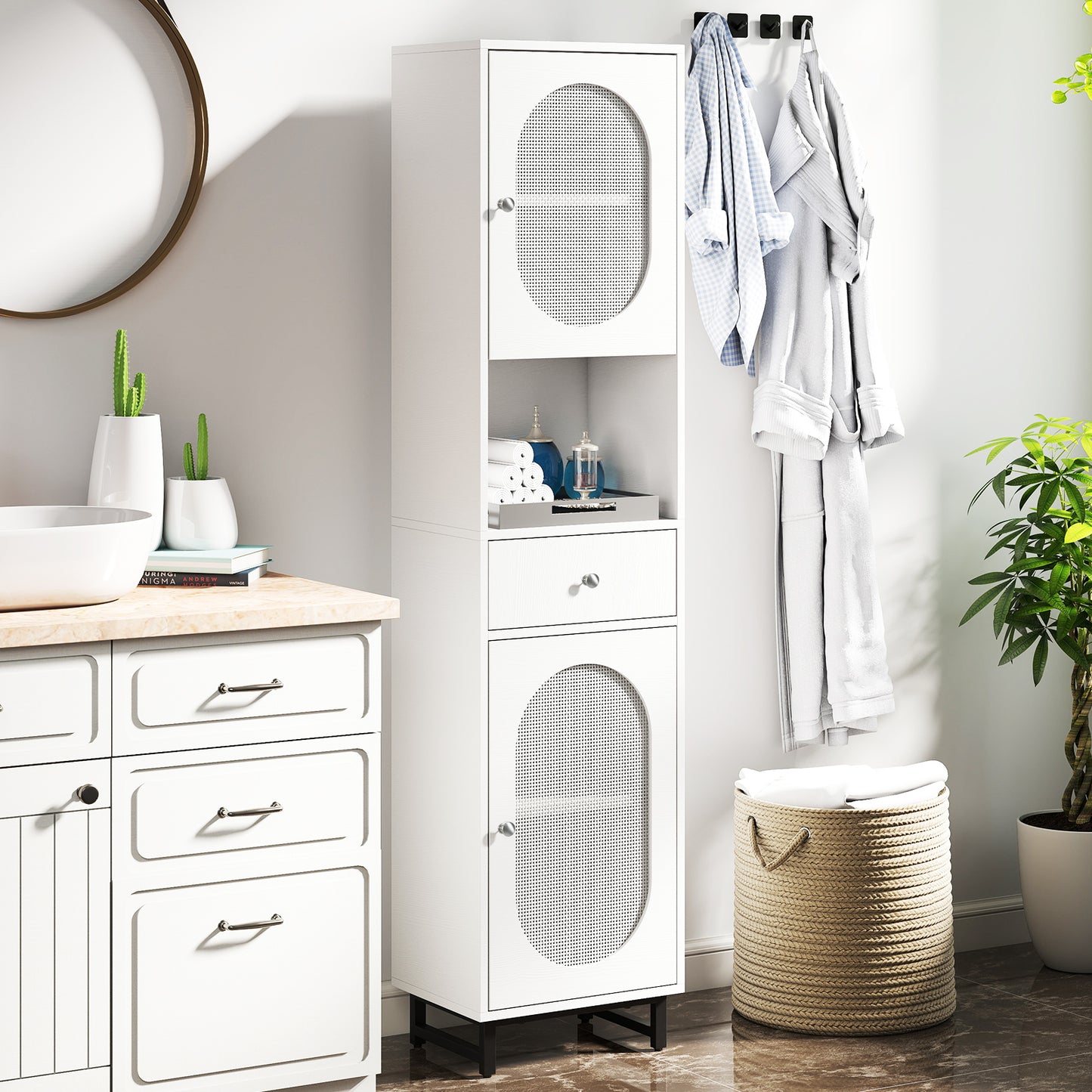 170cm Tall Bathroom Cabinet with 2 Doors and Open Compartment-White