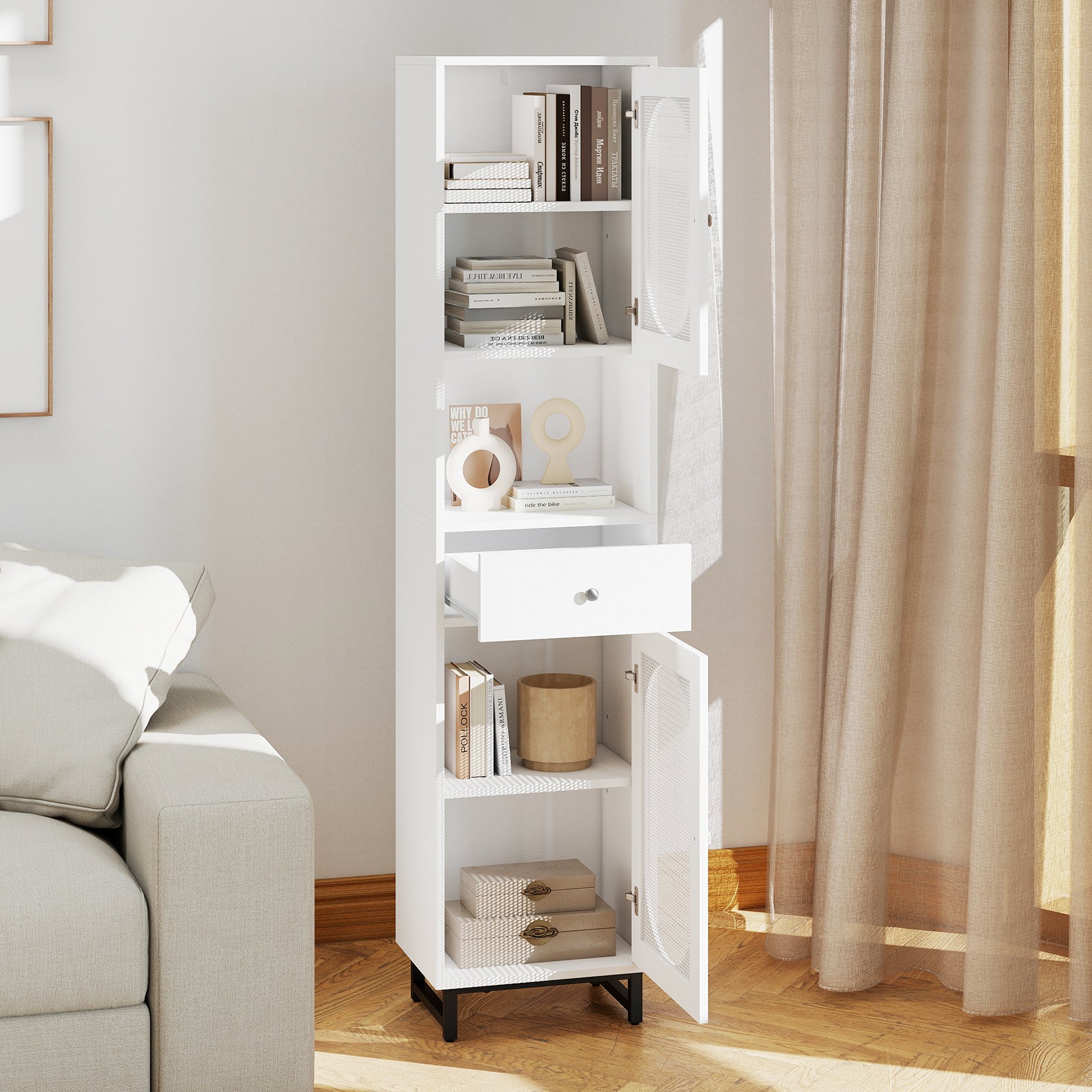 170cm Tall Bathroom Cabinet with 2 Doors and Open Compartment-White