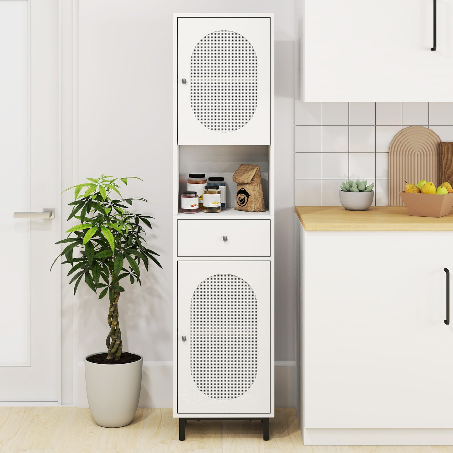 170cm Tall Bathroom Cabinet with 2 Doors and Open Compartment-White