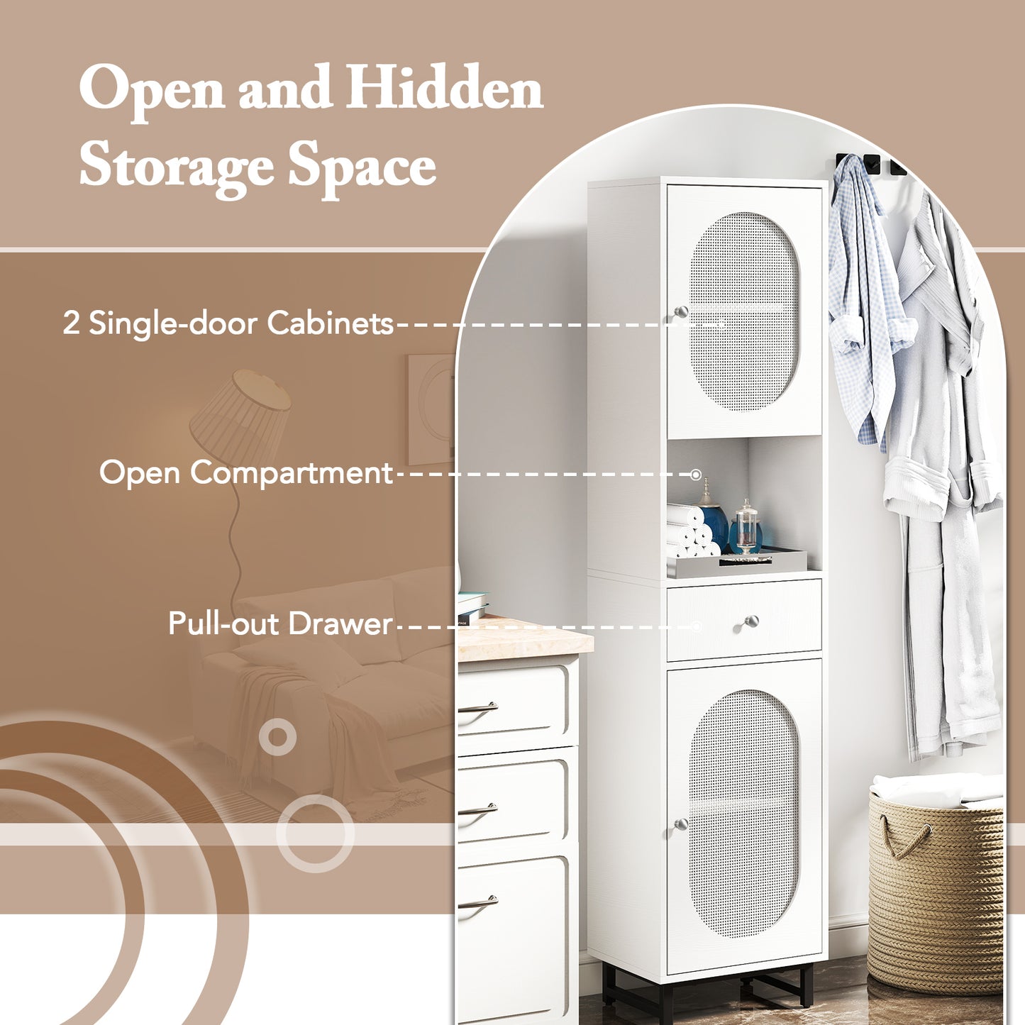 170cm Tall Bathroom Cabinet with 2 Doors and Open Compartment-White