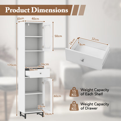 170cm Tall Bathroom Cabinet with 2 Doors and Open Compartment-White